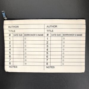 Library Card Print Canvas Zipper Pouch Cream with Black Print NWOT